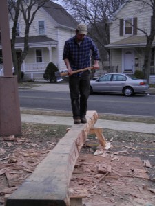 Lee working on hewing a gunstock post from oak