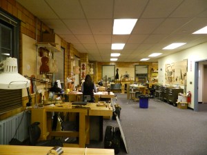 Violin making department -- even during the party a few students were still working at their benches
