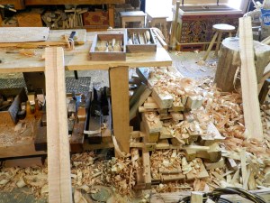 Shavings from the early part of a day's work -- the way a shop should look. 