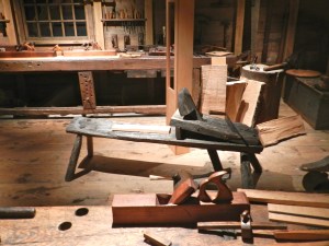 Shave-horse ready to go. Note the sliding deadman on the bench in the background