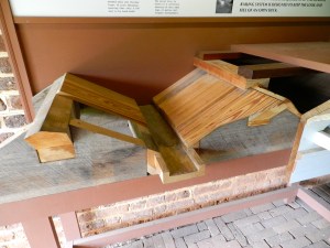 Model of the Jefferson designed flat roof structure above the wing of 'Offices' that funneled water away from the roof and allowed folks to walk on the roof. 