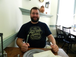 Ready to eat at the Tavern at Old Salem. (I had a great pulled pork sandwich)
