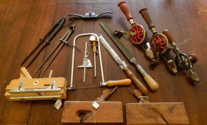 Millers Falls Drills (2 #2, 1 #3), Rabbet Plane with chip-breaker, Shear Cut File, Marples Paring Chisel, Ulmia Moving Fillister Plane, Tite-Mark, Starrett Depth Gauge, Spoke Shave, Starrett Large Dividers, Miller's Falls Large Dividers, Astragal Plane