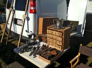 Nest of drawers, survey equipment, knives etc 