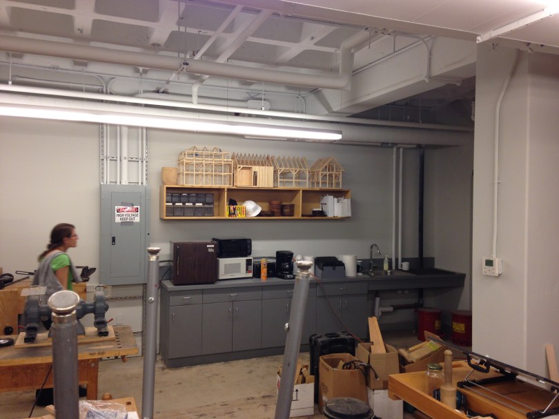 More models and kitchenette in the Preservation Carpentry Classroom