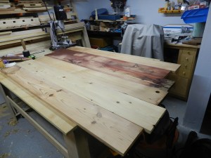 Laying out the boards to even out the texture and grain profile.