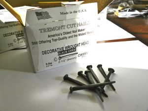 Decorative wrought head cut nails used for wide pine flooring