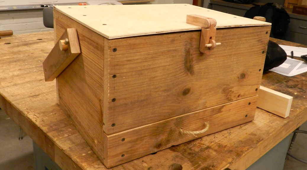 Closed toolbox with oak hasp