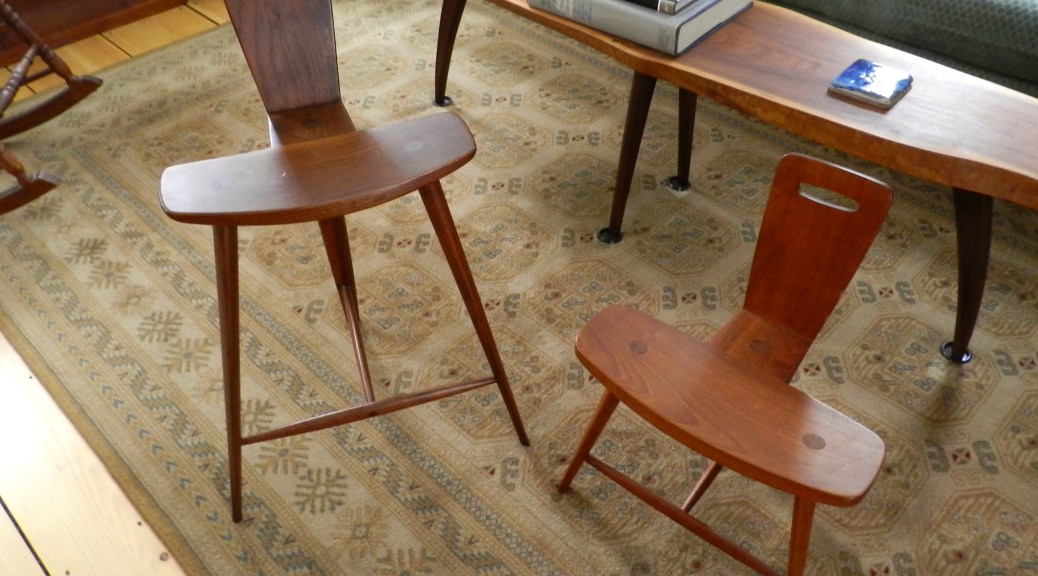 Tage Frid's iconic 3 legged stools and natural edge coffee table
