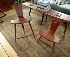 Tage Frid's iconic 3 legged stools and natural edge coffee table