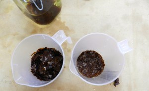 Shellac as it arrives (Left), Shellac after being broken up (Right)