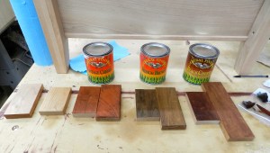 Trying out the dye and gel stains I liked. Left samples are raw wood, right samples have a coat of shellac under the stain. 