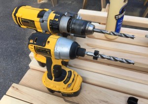 (Upper) Drill used to drill most of the whole through the doweling jig. (Lower) Impactor (or second drill) with bit and stop collar used to complete the hole at the proper depth. 