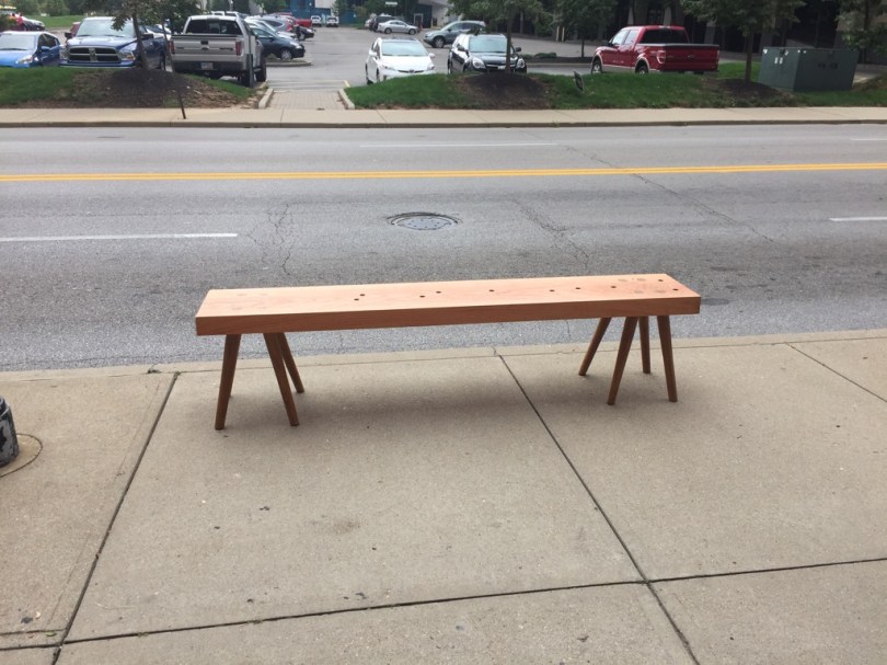The nicest bus stop bench in Covington, KY. Guarding Chris' low Roman workbench as Roy went to get his van.
