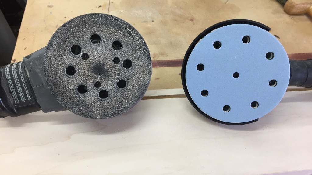 Left Porter Cable Random Orbit Saner, Right Festool Pro5 Sander. (Note the differences in dust collection holes)
